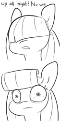 Size: 1000x2000 | Tagged: safe, artist:tjpones, derpibooru import, oc, oc only, earth pony, pony, bags under eyes, black and white, blatant lies, bloodshot eyes, bust, explicit source, female, grayscale, hair over eyes, lineart, mare, monochrome, simple background, solo, white background