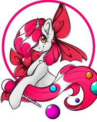 Size: 1080x1350 | Tagged: safe, artist:tessa_key_, derpibooru import, oc, oc only, pony, unicorn, bow, bust, candy, ear fluff, ears, food, hair bow, hair over one eye, horn, lollipop, smiling, solo, unicorn oc