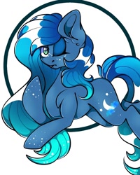 Size: 1080x1350 | Tagged: safe, alternate version, artist:tessa_key_, derpibooru import, oc, oc only, oc:nebula, earth pony, pony, abstract background, ear fluff, ears, earth pony oc, female, lying down, makeup, mare, one eye closed, prone, solo, wink