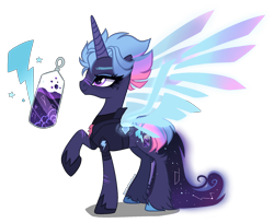 Size: 2000x1632 | Tagged: safe, artist:gihhbloonde, derpibooru import, oc, pony, unicorn, artificial wings, augmented, female, magic, magic wings, magical lesbian spawn, mare, offspring, parent:rainbow dash, parent:tempest shadow, parents:tempestdash, simple background, solo, transparent background, wings