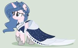 Size: 1280x781 | Tagged: safe, artist:lominicinfinity, derpibooru import, oc, oc:sparkdust knight, alicorn, pony, clothes, dress, female, mare, simple background, solo, two toned wings, wings