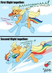 Size: 2894x4093 | Tagged: safe, artist:julunis14, derpibooru import, applejack, rainbow dash, earth pony, pegasus, pony, 2 panel comic, appledash, chest fluff, comic, cute, ears, female, flight, floppy ears, flying, lesbian, ponies riding ponies, riding, shipping