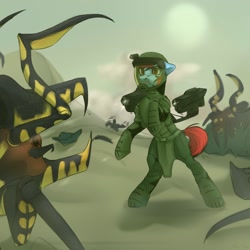 Size: 1500x1500 | Tagged: safe, artist:nika-rain, derpibooru import, oc, oc only, beetle, earth pony, insect, pony, armor, dust, gun, sketch, solo, starship troopers, war, weapon