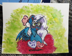 Size: 1280x1008 | Tagged: safe, artist:shaddndraw, derpibooru import, oc, oc:fleurbelle, alicorn, alicorn oc, blushing, bow, candy hearts, female, golden eyes, hair bow, heart, hearts and hooves day, horn, mare, traditional art, watercolor painting, wings