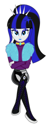 Size: 3000x7801 | Tagged: safe, artist:severity-gray, derpibooru import, oc, oc:coldlight bluestar, human, equestria girls, blouse, bobby pin, boots, clothes, crossed arms, crossed legs, humanized, jewelry, latex, latex leggings, latex pants, lipstick, looking at you, makeup, necklace, shoes, simple background, sitting, sneakers, solo, tiara, transparent background, vector