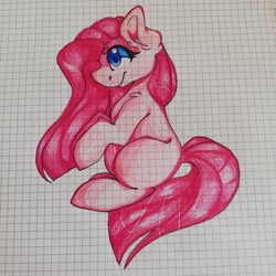 Size: 1080x1080 | Tagged: safe, artist:tessa_key_, derpibooru import, pinkie pie, earth pony, pony, ear fluff, ears, female, graph paper, mare, pinkamena diane pie, sitting, smiling, solo, traditional art