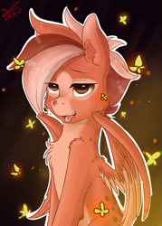 Size: 1075x1501 | Tagged: safe, artist:yuris, derpibooru import, oc, oc only, oc:adam hurricane, butterfly, firefly (insect), insect, pegasus, pony, cheek fluff, chest fluff, ear fluff, ears, excited, language, smiling, solo, tongue, tongue out