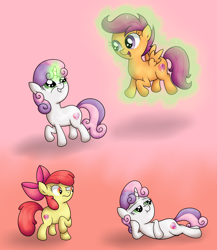 Size: 5902x6811 | Tagged: safe, artist:background basset, derpibooru import, apple bloom, scootaloo, sweetie belle, earth pony, pegasus, pony, unicorn, draw me like one of your french girls, female, filly, gradient background, happy, levitation, lying down, magic, mare, open mouth, smug, telekinesis