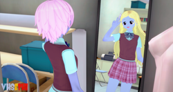 Size: 1920x1024 | Tagged: safe, artist:sephirot22, derpibooru import, oc, oc:azure/sapphire, equestria girls, 3d, clothes, crossdressing, crystal prep academy uniform, femboy, male, mirror, mmd, school uniform