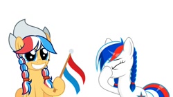 Size: 1228x691 | Tagged: safe, artist:ashidaru, derpibooru import, edit, oc, oc:ember, oc:ember (hwcon), oc:marussia, pony, blue eyes, duo, duo female, dutch, eyes closed, facehoof, faceplant, female, flag, happy, multicolored mane, multicolored tail, nation ponies, netherlands, pigtails, ponified, russia, russian, shiny mane, solo, twintails