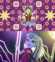 Size: 1280x1440 | Tagged: safe, derpibooru import, edit, edited screencap, screencap, sandalwood, sonata dusk, a banner day, better together, equestria girls, find the magic, collidoscope, female, male, meditating, neon garden maze, psychedelic, sandata, shipping, shipping domino, straight