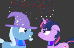 Size: 930x600 | Tagged: safe, artist:dutch-brony, derpibooru import, trixie, twilight sparkle, pony, unicorn, clothes, fireworks, gray background, looking at each other, scarf, simple background