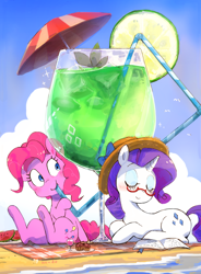 Size: 1044x1420 | Tagged: safe, artist:nendo, derpibooru import, pinkie pie, rarity, earth pony, pony, unicorn, beach, book, cupcake, drink, drinking straw, duo, food, glasses, hat, straw, watermelon