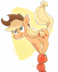 Size: 1286x1600 | Tagged: safe, artist:nendo, derpibooru import, applejack, earth pony, pony, abstract background, apple, applejack's hat, balancing, clothes, cowboy hat, female, food, hat, nervous, raised tail, shrunken pupils, silly, silly pony, solo, sweat, tail, wavy mouth, wide eyes