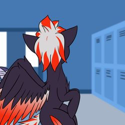 Size: 1280x1280 | Tagged: safe, artist:askavrobishop, derpibooru import, oc, oc:bishop, pegasus, comic:askavrobishop, airfield, clothes, flight suit, locker room, lockers, wings