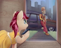 Size: 4200x3300 | Tagged: safe, artist:viwrastupr, derpibooru import, discord, roseluck, earth pony, human, pony, fanfic:fine print, car, cellphone, clock, clothes, dress, duo, facial hair, fanfic art, female, grass, hat, hoof hold, humanized, male, mare, moustache, phone, smartphone, top hat, yo-yo