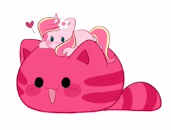 Size: 4096x3123 | Tagged: safe, artist:kittyrosie, derpibooru import, oc, oc only, oc:rosa flame, cat, pony, unicorn, blushing, chibi, crossover, flower, flower in hair, heart, slime, slime rancher, smiling, solo