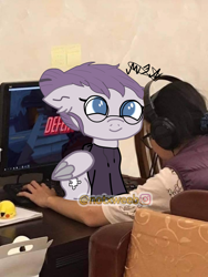 Size: 720x956 | Tagged: safe, artist:djmatinext, derpibooru import, edit, oc, oc only, oc:vylet, human, pegasus, pony, base used, clothes, cutie mark, drawn on phone, ear fluff, ears, glasses, headphones, hoodie, meme, puzzle, sitting, solo, vylet pony, watermark, wings