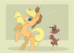 Size: 2575x1858 | Tagged: safe, artist:noupu, derpibooru import, applejack, winona, dog, earth pony, pony, colored pupils, cute, duo, female, freckles, jackabetes, mare, open mouth, profile, rearing, yeehaw