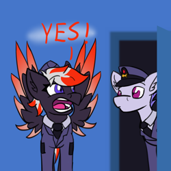 Size: 1280x1280 | Tagged: safe, artist:askavrobishop, derpibooru import, oc, oc:bishop, pegasus, pony, comic:askavrobishop, clothes, female, hallway, male, mare, open mouth, spread wings, stallion, uniform, wings, yelling, yes