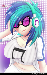 Size: 792x1263 | Tagged: safe, alternate version, artist:clouddg, derpibooru import, dj pon-3, vinyl scratch, equestria girls, belly button, big breasts, breasts, cleavage, female, headphones, midriff, solo, vinyl stacked, vinyl's glasses