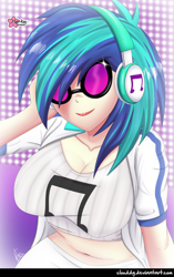 Size: 792x1263 | Tagged: safe, alternate version, artist:clouddg, derpibooru import, dj pon-3, vinyl scratch, belly button, big breasts, breasts, cleavage, female, midriff, solo, vinyl stacked, vinyl's glasses