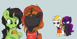 Size: 2500x1261 | Tagged: safe, artist:vultraz, oc, oc only, oc:aaa, oc:anon filly, oc:dyx, oc:nyx, alicorn, pony, alicorn oc, angry, apron, clothes, envy, female, filly, food, frown, grin, light blue background, sandwich, simple background, smiling
