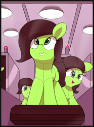 Size: 2450x3290 | Tagged: safe, artist:vultraz, oc, oc only, oc:anon filly, conveyor belt, excited, factory, female, filly, looking up, open mouth, plushie, smiling
