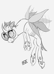 Size: 4000x5500 | Tagged: safe, artist:evan555alpha, ponybooru exclusive, oc, oc only, oc:yvette (evan555alpha), changeling, evan's daily buggo, arched back, buzzing wings, changeling oc, closed mouth, cute, dorsal fin, elytra, fangs, female, flying, forked tongue, glasses, head down, looking up, motion lines, ocbetes, round glasses, signature, simple background, sketch, solo, spread wings, sticking tongue out, tongue, tongue out, white background, wide eyes