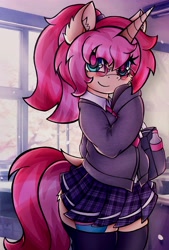 Size: 2766x4096 | Tagged: safe, artist:canvymamamoo, oc, oc only, oc:red velvet, pony, unicorn, bag, bipedal, blushing, clothes, dock, ear fluff, ears, female, glasses, looking at you, mare, necktie, plaid skirt, pleated skirt, raised hoof, raised leg, school uniform, shirt, skirt, smiling, solo, stockings, thigh highs