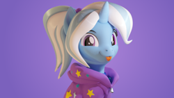 Size: 3840x2160 | Tagged: safe, artist:xppp1n, trixie, pony, unicorn, 3d, :p, alternate hairstyle, babysitter trixie, blender, blender cycles, blep, female, hoodie, looking at you, mare, simple background, smiling, solo, tongue, tongue out
