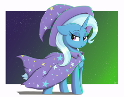 Size: 3816x2994 | Tagged: safe, artist:arcane-thunder, trixie, pony, unicorn, cape, clothes, female, hat, high res, lidded eyes, mare, solo, trixie's cape, trixie's hat, white border, wizard hat