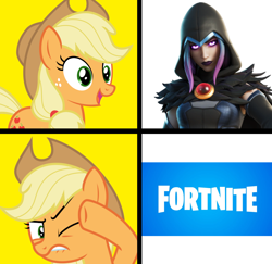 Size: 1300x1266 | Tagged: artist needed, source needed, safe, applejack, raven, earth pony, human, pony, applejack's hat, blonde, blonde mane, blonde tail, clothes, dc comics, female, fortnite, freckles, hat, hotline bling, mare, meme, one eye closed, open mouth, orange coat, smiling, text