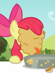 Size: 302x405 | Tagged: safe, screencap, apple bloom, earth pony, pony, brotherhooves social, adorabloom, cute, eating, female, filly, food, messy eating, pie, solo, tongue, tongue out