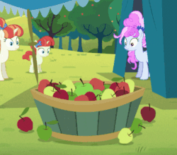 Size: 460x405 | Tagged: safe, screencap, apple bloom, cotton sky, rainberry, rainbow stars, earth pony, pegasus, pony, unicorn, brotherhooves social, angry, animated, apple, female, filly, food, frown, gif, looking at you, spitting, stare