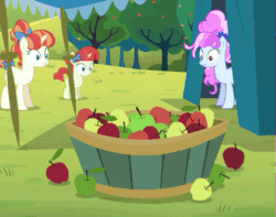 Size: 501x395 | Tagged: safe, screencap, apple bloom, cotton sky, rainberry, rainbow stars, earth pony, pegasus, pony, unicorn, brotherhooves social, /mlp/, angry, animated, apple, female, filly, food, frown, gif, looking at you, parody, reversed, spitting, stare, x eyes, yoshi