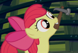 Size: 635x432 | Tagged: safe, edit, edited screencap, screencap, apple bloom, earth pony, pony, one bad apple, animated, bow, female, filly, hair bow, hammer, mouth hold, nail, solo