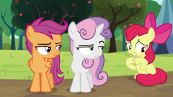 Size: 1280x720 | Tagged: safe, screencap, apple bloom, scootaloo, sweetie belle, earth pony, pegasus, pony, unicorn, brotherhooves social, apple tree, bow, cutie mark crusaders, nervous, raised eyebrow