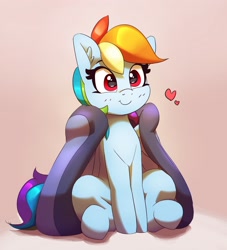 Size: 1816x1996 | Tagged: safe, artist:pabbley, rainbow dash, pegasus, pony, blanket, c:, cute, dashabetes, ear fluff, ears, female, happy, heart, mare, simple background, sitting, smiling, solo