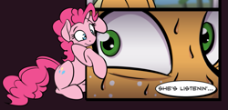 Size: 1031x501 | Tagged: safe, artist:acesential, edit, ponerpics import, applejack, pinkie pie, earth pony, pony, apple, apple tree, breaking the fourth wall, comic, cowboy hat, cropped, cropped comic, dialogue, duo, ears, eye contact, floppy ears, forced smile, fourth wall, grin, hat, image macro, looking at each other, open mouth, paranoia fuel, scared, single panel, sitting, speech bubble, spying, stalker, sweat, tree