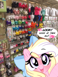 Size: 1536x2048 | Tagged: safe, artist:emberslament, derpibooru import, oc, oc only, oc:bay breeze, pegasus, pony, blushing, bow, cute, excited, female, hair bow, happy, heart eyes, irl, looking at you, looking up, looking up at you, mare, ocbetes, photo, ponies in real life, solo, speech bubble, store, talking to viewer, waving, wingding eyes