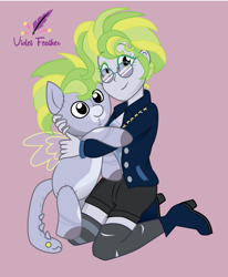 Size: 991x1203 | Tagged: safe, artist:violetfeatheroficial, derpibooru import, oc, oc only, oc:cloud drift, pegasus, pony, equestria girls, augmented tail, boots, clothes, coat markings, commission, equestria girls-ified, eyeshadow, female, high heel boots, jacket, makeup, mare, multicolored hair, plushie, purple background, ripped stockings, shoes, shorts, simple background, socks, solo, stockings, striped socks, sunglasses, tanktop, thigh highs, torn clothes, torn socks, ych result