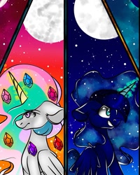 Size: 991x1239 | Tagged: safe, alternate version, artist:tessa_key_, derpibooru import, princess celestia, princess luna, alicorn, pony, bust, colored, crystal, duo, ethereal mane, eyelashes, female, full moon, galaxy mane, gem, glowing horn, grin, horn, magic, mare, moon, siblings, sisters, smiling, stars, telekinesis, wings