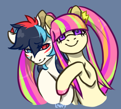 Size: 1000x900 | Tagged: safe, artist:lavvythejackalope, derpibooru import, oc, oc only, earth pony, pony, bust, duo, earth pony oc, eyelashes, female, heterochromia, mare, side hug, simple background, smiling