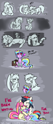 Size: 600x1400 | Tagged: safe, artist:lavvythejackalope, derpibooru import, oc, oc only, earth pony, pony, unicorn, adopted offspring, adoption, comic, earth pony oc, eyes closed, female, filly, hat, horn, hug, mare, nurse hat, partial color, sad, smiling, unicorn oc