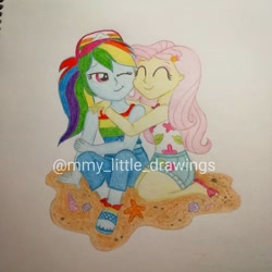 Size: 1080x1080 | Tagged: safe, artist:mmy_little_drawings, derpibooru import, fluttershy, rainbow dash, better together, equestria girls, spring breakdown, ^^, eyelashes, eyes closed, feet, female, flutterdash, hat, hug, kneeling, lesbian, one eye closed, sandals, shipping, sitting, starfish, traditional art, watermark, wink