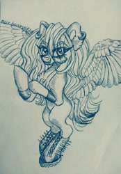 Size: 714x1024 | Tagged: safe, artist:maryhoovesfield, derpibooru import, oc, oc only, pegasus, pony, ear fluff, ear piercing, earring, ears, female, jewelry, mare, pegasus oc, piercing, signature, solo, spread wings, traditional art, wings