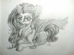 Size: 1024x768 | Tagged: safe, artist:maryhoovesfield, derpibooru import, oc, oc only, pegasus, pony, ear fluff, ears, eyelashes, female, lying down, mare, pegasus oc, prone, signature, solo, traditional art, wings