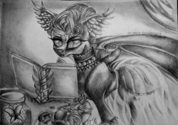 Size: 1024x720 | Tagged: safe, artist:maryhoovesfield, derpibooru import, oc, oc only, bat pony, pony, bat pony oc, bat wings, book, clothes, dress, ear fluff, ears, eyelashes, female, grayscale, mare, monochrome, reading, signature, solo, traditional art, wings