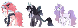 Size: 1280x464 | Tagged: safe, artist:void-sommar, derpibooru import, oc, oc only, oc:bonbon bliss, oc:jinx, oc:lavender lust, hybrid, pony, unicorn, draconequus hybrid, female, interspecies offspring, magical lesbian spawn, mare, offspring, parent:discord, parent:pinkie pie, parent:potion nova, parent:rarity, parent:twilight sparkle, parents:discolight, parents:discopie, parents:rarinova